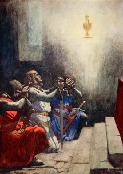 Galahad alene kunne se den hellige grals perfekte skønhed, ca. 1925 (farve litho) af Arthur C. (after) Michael