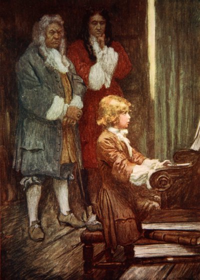 I stilhed ventede de, mens Händel spillede (farve litho) af Arthur C. (after) Michael