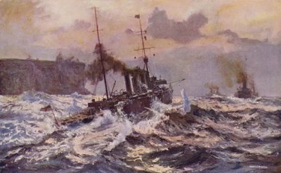 Krigsskibe fra den australske flåde forlader Sydney havn (farve litho) af Arthur C. Burgess