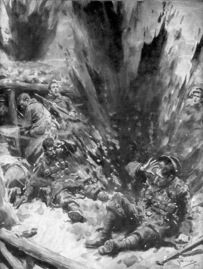 En tysk granat eksploderer i en britisk skyttegrav, 1914, 1926. af Arthur C. Michael