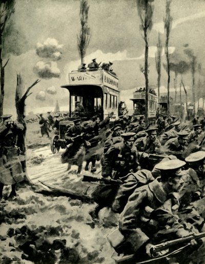 London-busser bruges til at transportere tropper til fronten, Første Verdenskrig, 1914-1918, c1920. af Arthur C. Michael