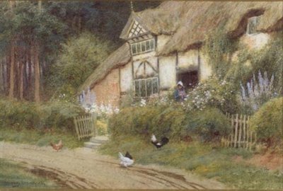 En ung pige og høns ved et sommerhus (akvarel) (en af to) af Arthur Claude Strachan
