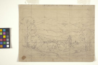 Studie til bjergrigt landskab (blyant på råhvidt papir firkantet til overførsel) af Arthur Clifton Goodwin