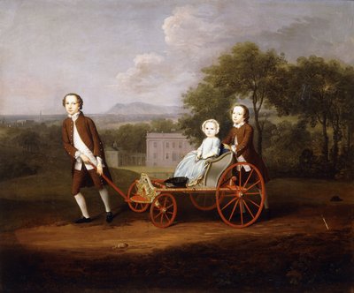 Et gruppeportræt af tre af børnene af Peter og Mary Du Cane, alle små i fuld længde, leger med en udførlig hundevogn, på grunden af et landsted, 1747 af Arthur Devis