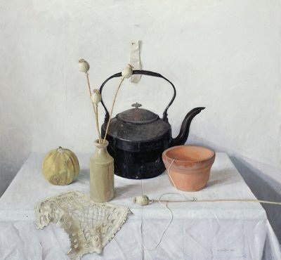 Kettle, Poppyheads and Gourd, Still Life, 1990 af Arthur Easton