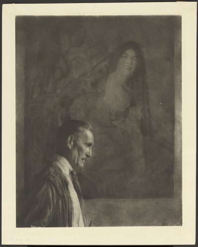[Mand med lille, pænt overskæg i profil foran et maleri af en kvinde i spansk klædedragt]. af Arthur F. Kales