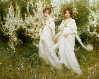 "Innocence" To kvinder klædt i hvidt, der symboliserer uskyld og renhed, går rundt i en have. Maleri af Arthur Hacker (1858-1919) (prærafaelit) Privat samling af Arthur Hacker