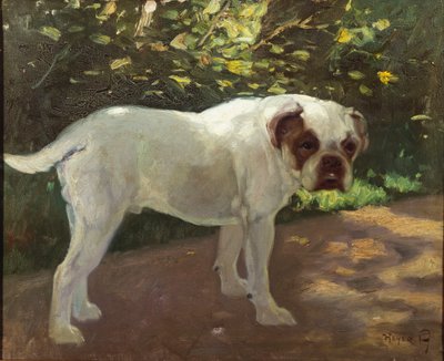 En bulldog på en havesti (olie på lærred) af Arthur Heyer