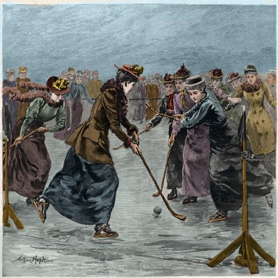 Ishockey: en damekamp på søen i Wimbledon Park. (senere farvelægning). af Arthur Hopkins