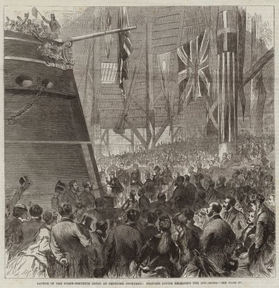 Lancering af Screw-Corvette Druid på Deptford Dockyard, Prinsesse Louise frigiver Dog-Shore af Arthur Hopkins