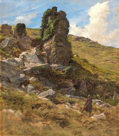 A Rocky Outcrop (olie på kort) af Arthur Hughes