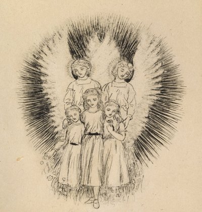 Tre små børn på den vide, vide jord (pen og sort blæk på hvidt papir) af Arthur Hughes
