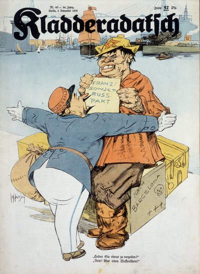 Tysk tegneserie om de fransk-sovjetiske aftaler (fransk tolder og russisk sømand:" Har du noget at deklarere Nej, kun våben! Kun våben!" (I forbindelse med den spanske krig), "Kladderadatsch" 8/11/1936, ill. af Arthur Johnson (1874-1954). af Arthur Johnson