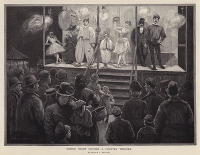 Boksenat udenfor et landteater (litho) af Arthur L. Hewlett