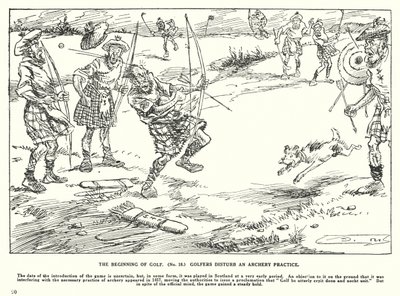 Golfens begyndelse, golfspillere forstyrrer en bueskydningsøvelse (litografi) af Arthur Moreland