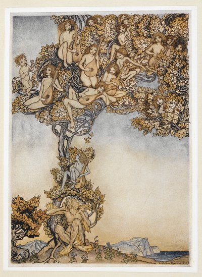 ACT III: Scene II, linje 146 Nogle gange tusinde tvangsinstrumenter Vil nynne om mine ører. af Arthur Rackham