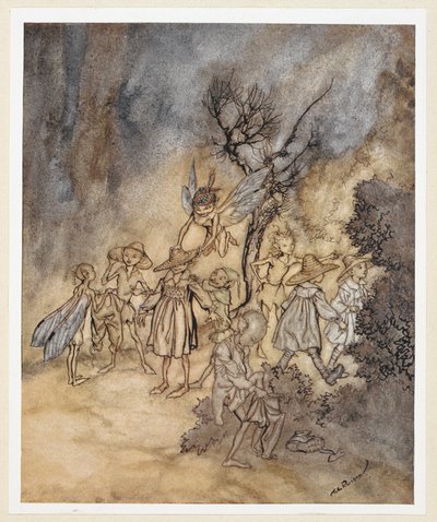 AKT IV: Scene I, linje 138 Gå ind i visse Reapers, ordentligt beboede. Juno og Ceres sender Iris for at hente nogle nymfer og høstmænd for at udføre en countrydans. af Arthur Rackham