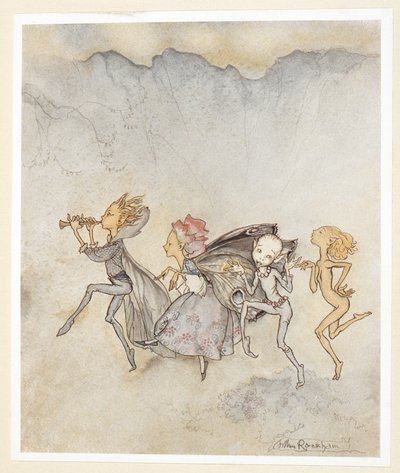 AKT IV: Scene I, linje 46 Hver enkelt snubler på tåen, Vil være her med moppe og klippe. Nymfer. af Arthur Rackham