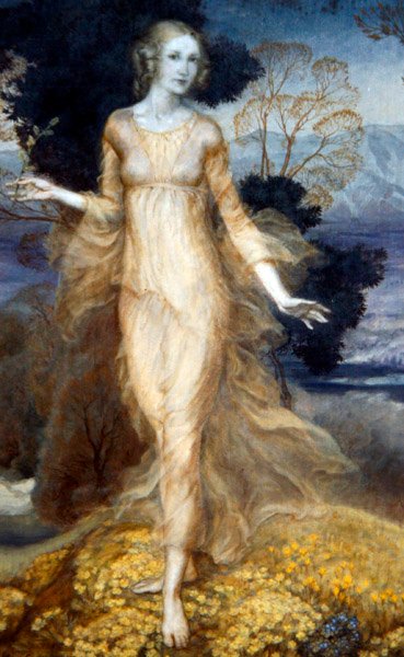 En ung kvinde i en have, ca. 1920 (akvarel på papir) af Arthur Rackham