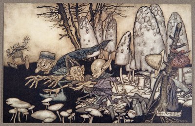En flok arbejdere, der savede en paddehat, skyndte sig væk og efterlod deres værktøj bag sig, fra Peter Pan i Kensington Gardens af J M Barrie (1860 - 1937), pub. 1906 af Arthur Rackham