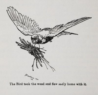 En fugl, der bærer et bundt kviste. af Arthur Rackham