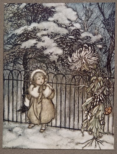 En krysantemum hørte hende og sagde spidst: Hoity-toity, what is this?, fra Peter Pan i Kensington Gardens af J M Barrie (1860 - 1937), pub. 1906 af Arthur Rackham