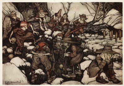 Et selskab af mærkeligt udseende personer, der spiller på kegle, fra Rip Van Winkle af Washington Irving, pub. 1910 af Arthur Rackham
