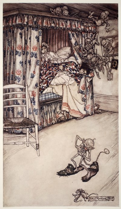 Et gardinforedrag er alle verdens prædikener værd for at lære dyderne tålmodighed og langmodighed. fra Rip Van Winkle af Washington Irving, pub. 1910 af Arthur Rackham