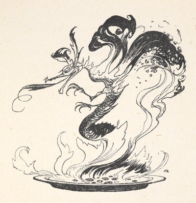 En drage dukker op fra en tallerken med brændende penge af Arthur Rackham