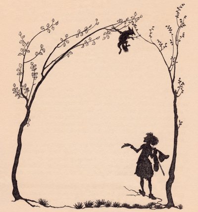 En ræv bundet med sine poter til to hasseltræer. Illustration af Arthur Rackham fra Grimm