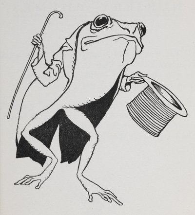 En frø med høj hat og haler med en stok. af Arthur Rackham