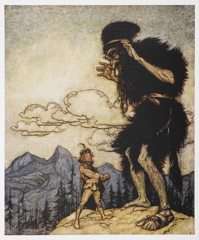 En mand og en kæmpe fra The Valiant Tailor af Arthur Rackham