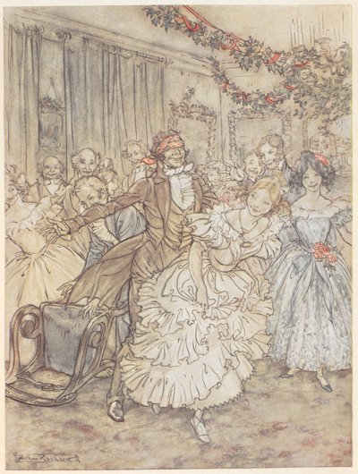 En fest, der spiller blind mands bluff. En mand med bind for øjnene jagter en kvinde i en flæse kjole af Arthur Rackham