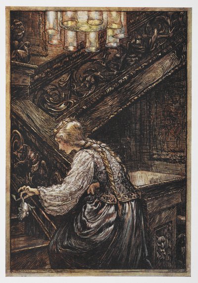 En prinsesse, der bærer en frø fra Frøprinsen. af Arthur Rackham