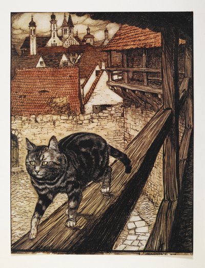 En tabby kat går langs træskinnen i en bygning. af Arthur Rackham