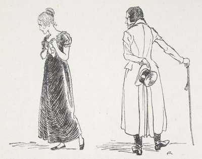 Et ungt par skændes, hvor kvinden havde vendt sig væk og holdt et lommetørklæde til brystet af Arthur Rackham