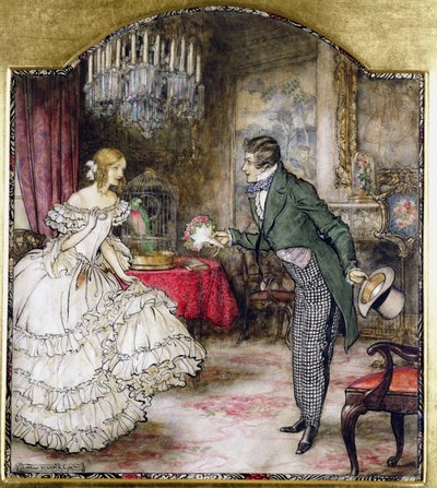 En ung mand præsenterer en buket til en pige, der står i en stue (wc med pen og blæk på papir) af Arthur Rackham