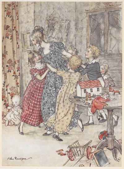 En ung kvinde og børn danser rundt i et legerum fyldt med legetøj af Arthur Rackham