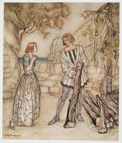 Ak, nu, bed dig, arbejd ikke så hårdt, illustration fra William Shakespeares The Tempest, pub. 1926 af Arthur Rackham