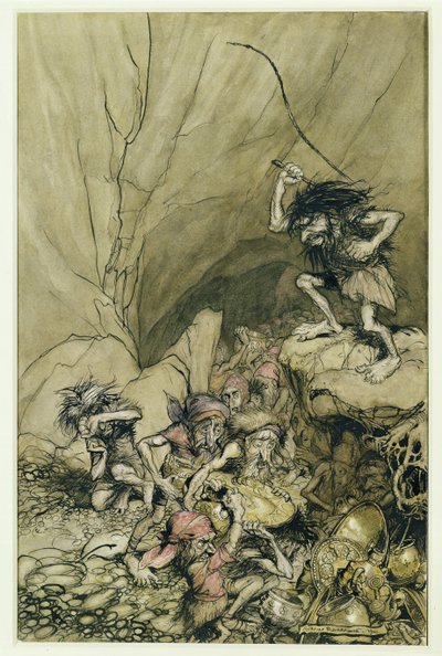 Alberich kører i en flok Nibelunger fyldt med guld- og sølvskatte, en illustration fra The Rheingold and the Valkyrie af Richard Wagner (1813-83) pub. 1910 (pen og blæk, wc) af Arthur Rackham