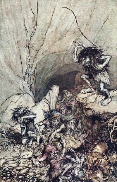 Alberich kører i en flok Niblungs belæsset med guld- og sølvskatte. Illustration til The Rhi af Arthur Rackham