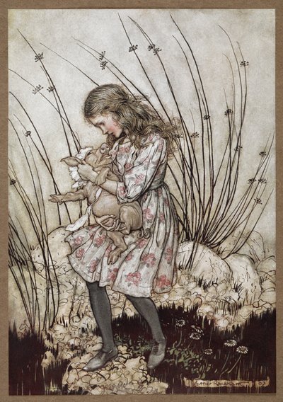 Alice og grisen klædt ud som en baby af Arthur Rackham