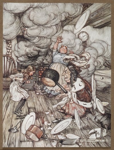 Alice i et køkken med hertuginden, en kok og Cheshire Cat af Arthur Rackham