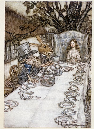 Alice tager "" i fjolserne""" (Hattemageren og Mars Lievre) - i "" Alice i Eventyrlands eventyr""", Lewis Carroll, ill. af Arthur Rackham (1867-1939) af Arthur Rackham