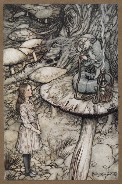 Alice taler med larven, der sidder på en svamp og ryger pibe af Arthur Rackham