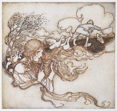 En illustration af en pige, der børster sit hår med gæs og en dreng i baggrunden, fra Gåsepigen. af Arthur Rackham