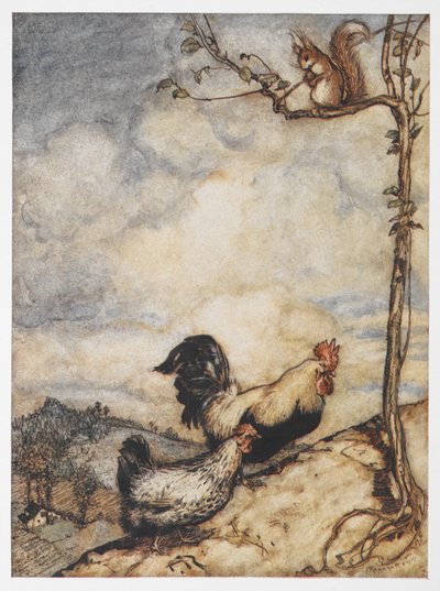 En illustration af en høne, hane og egern fra The Adventures of Chanticleer og Partlet. af Arthur Rackham