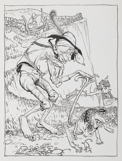 En gammel skæv mand med sin skæve kat og skæve hus. af Arthur Rackham