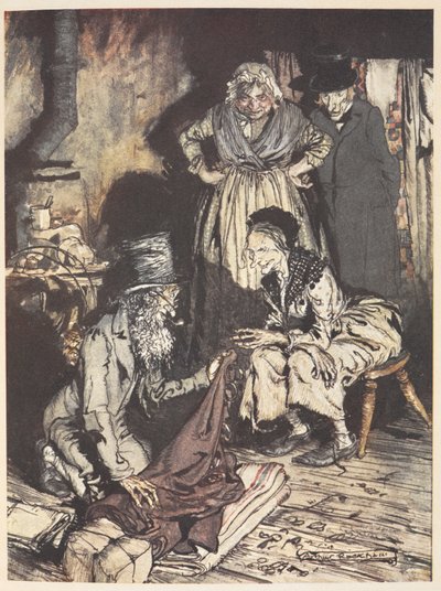 En gammel familie inde i deres hus med en mand, der tilbyder dem gardiner af Arthur Rackham