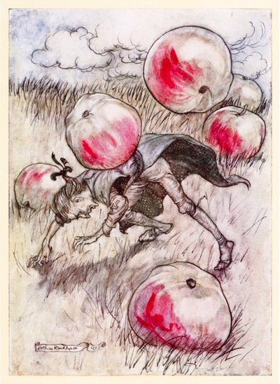 Æbler kom tumlende om mine ører fra del II: A Voyage to Brobdingnag in Gullivers Travels af Jonathan Swift af Arthur Rackham
